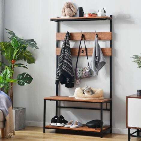 Coat Rack Stand, Industrial Coat Tree, Hall Tree Free Standing, Hall Shoes Rack with Removable Hooks Height 150 cm Brown
