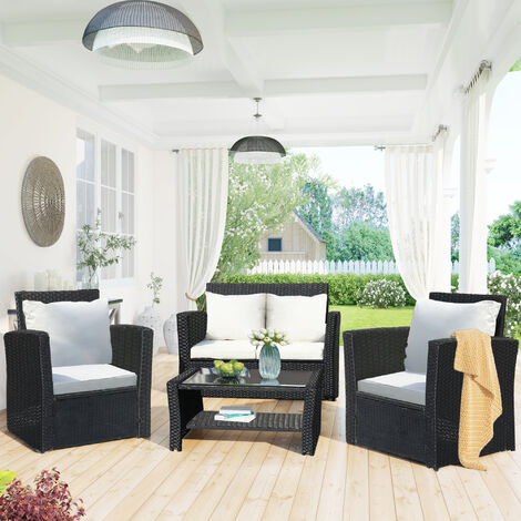 4 Seater Garden Rattan Furniture Sofa Outdoor Patio Set With Fitting Cover 4 Seater Garden Rattan Furniture Sofa, 4 Piece Rattan Garden Furniture Set 2 Seater Sofa Chairs Grey