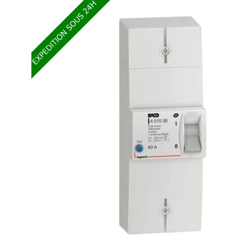 Legrand 401006 Disjoncteur de branchement enedis bipolaire différentiel 500ma sélectif intensité 60a non réglable