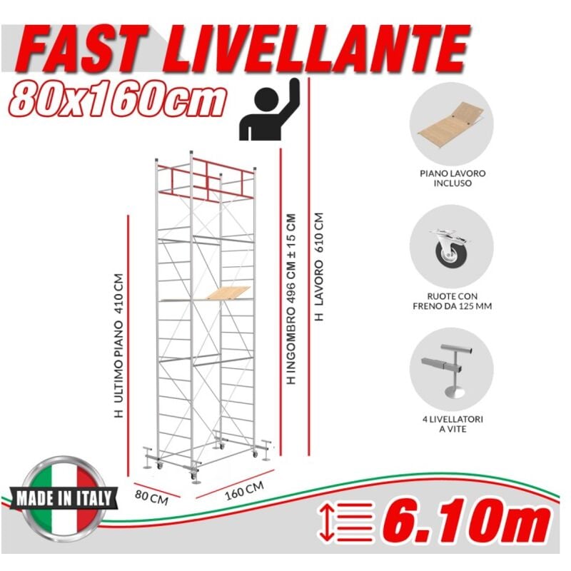 Trabattello Livellante FAST - Altezza Lavoro 6,10m | Acciaio Zincato, Con Ruote E Piano Botola - Foto 5