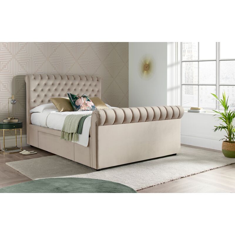 deacon velvet finish upholstered ottoman bed frame