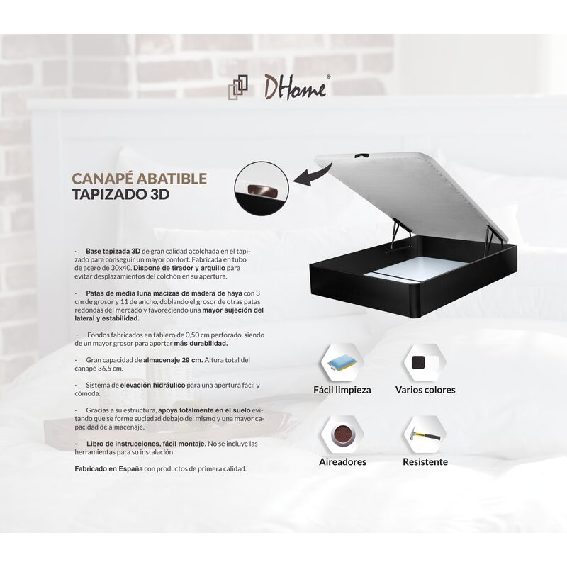 DHOME Canape Abatible Tapizado 3D Blanco y Negro con Apertura Normal o Lateral Esquinas Macizas de Haya canapé Madera 90x180 22mm, Blanco 