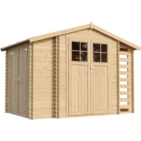 Holzhaus Gartenhaus mit Brennholzschuppen TIMBELA M389F - Gartenschuppen Holz B328xL206xH218 cm/ 3,53 + 0,97 + 0,97 m2 Lagerschuppen für Garten - Fahrrad Schuppen - Wasserfestes Dach (1/5)