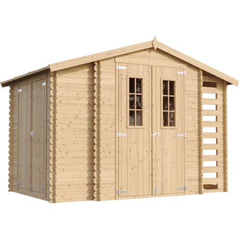 Holzhaus Gartenhaus mit Brennholzschuppen TIMBELA M389C+M389G - mit Boden Imprägnierte B328xL206xH218 cm/ 3,53 + 0,97 + 0,97 m2 Lagerschuppen für Garten - Fahrrad Schuppen - Wasserfestes Dach (1/5)