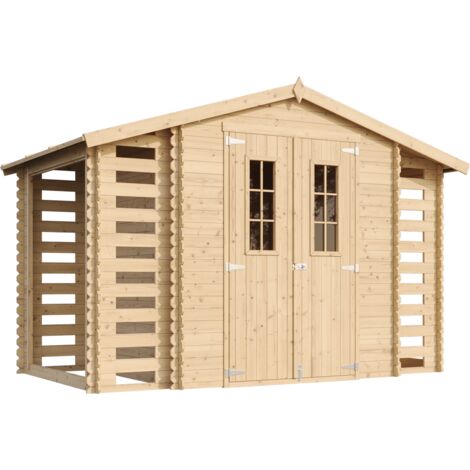 Holzhaus Gartenhaus mit Brennholzschuppen TIMBELA M391C - Gartenschuppen Holz B328xL206xH218 cm/ 3,53 + 0,97 + 0,97 m2 Lagerschuppen für Garten - Fahrrad Schuppen - Wasserfestes Dach (1/5)