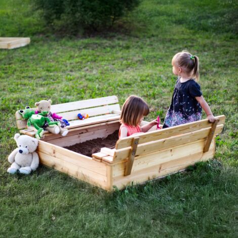 Sandkasten aus Holz mit faltbarer Abdeckung und Bank 118 x 122 x H20, Sandkasten mit Abdeckung, Sandkasten für Kinder, Sandkiste aus Holz - Timbela M051-1