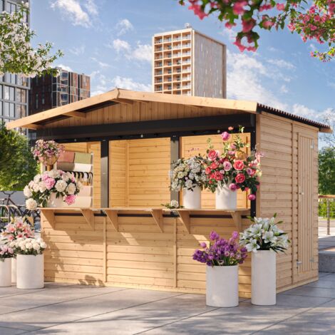 Holz Gartenhaus, Marktbude Holz, Qualitäts Schiffslatten Kiefern Fichte Verkaufsstand Holzhaus mit Theke 263 x 336 cm / 6 m² - TIMBELA M150AZ