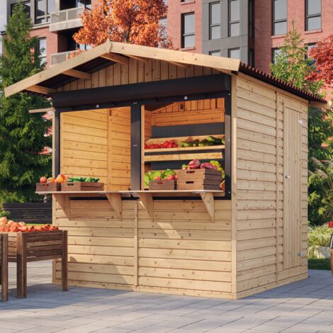 Holz Gartenhaus, Marktbude Holz, Qualitäts Schiffslatten Kiefern Fichte Verkaufsstand Holzhaus mit Theke 253x263cm/4 m2 - TIMBELA M149Z
