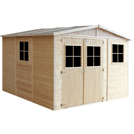 Holz Gartenschuppen - Abstellkammer mit Fenstern - H226x316x324 cm/9 m² Naturholz-Shiplap-Schuppen - Gartenwerkstatt - Fahrrad- Geräteschuppen TIMBELA M335