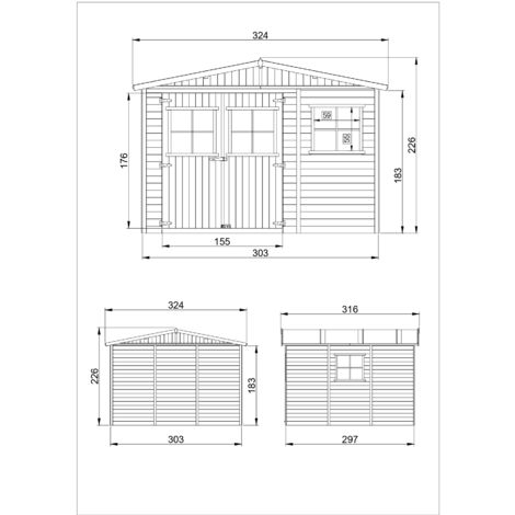 Holz Gartenschuppen - Abstellkammer mit Fenstern - H226x316x324 cm/9 m² Naturholz-Shiplap-Schuppen - Gartenwerkstatt - Fahrrad- Geräteschuppen TIMBELA M335