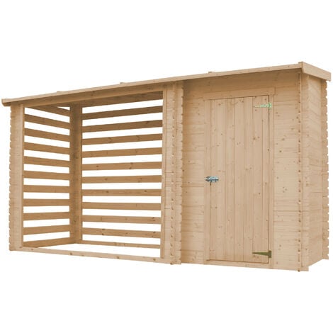 Gartenhaus mit Brennholzregal aus Holz – BHT 348 x 146 x 199 cm – Holzhaus 1,1 m2 – Brennholzregal 3,8 m3 – Kaminholzregal außen mit Gartenschuppen – TIMBELA M205
