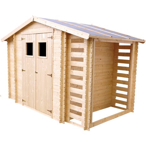 Gartenhaus mit Brennholzregal aus Holz 5,41 m2 - Gartenschuppen Holz – B206xL328xH218 cm - Geräteschuppen - TIMBELA M389