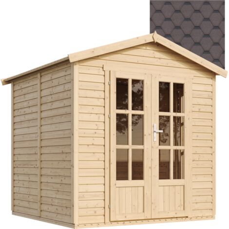 Garten Holzhaus mit Bitumenschindeln der braun Farbe, B233xT222xH233 cm, Modernes Gartenhaus als Home-Office, Abschließbares Gartenhaus, Home Office im Garten oder Garten-Studio TIMBELA M351FB