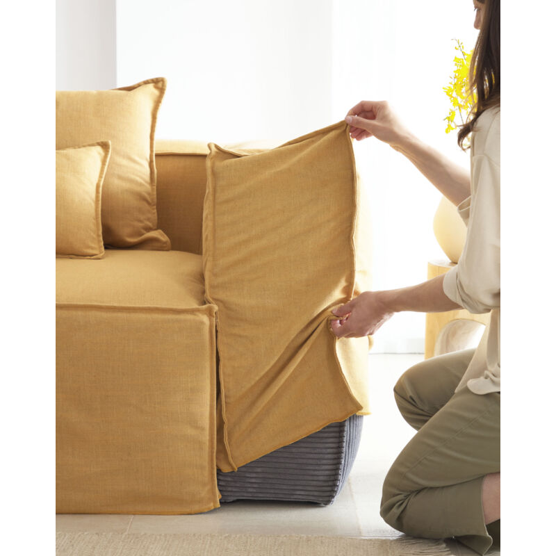 Fodera per divano Blok 2 posti con chaise longue destra in lino senape