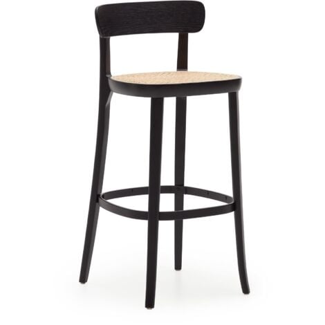 Kave Home - Sgabello Romane legno di faggio nero, impiallacciato frassino e  rattan altezza 75 cm