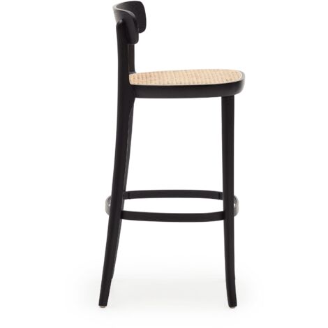 Kave Home - Sgabello Romane legno di faggio nero, impiallacciato frassino e  rattan altezza 75 cm