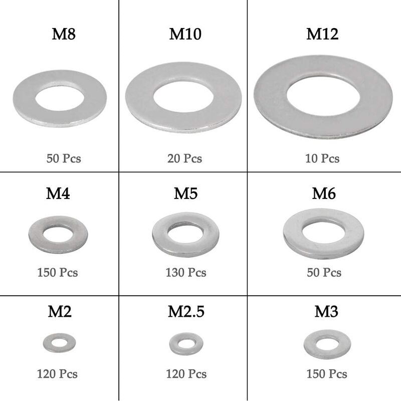 LAOYE 1080 Pcs Rondelles Metal Plates Acier Inoxydable Assortiment Boîte Rondelle M2 M2,5 M3 M4 M5 M6 M8 M10 M12 M14 M16 avec Pince