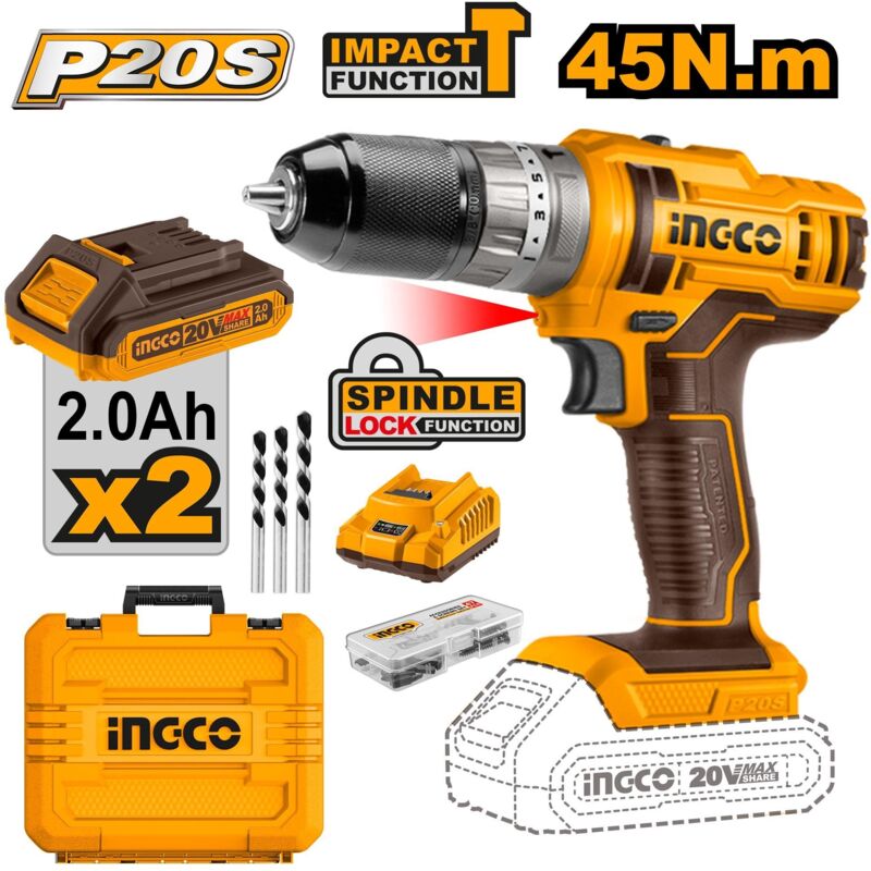 INGCO TALADRO ATORNILLADOR 20V.2 BATERIAS 2 Ah+CARGADOR+BOX PERCUTOR CIDLI200215