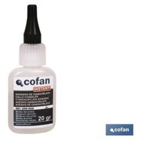 COFAN adhesivo cianoacrilato. alta densidad 20 g , Pegamento adhesivo instantáneo de cianoacrilato transparente, disponible en formato de 3, 20 y 50 gramos. El adhesivo de cianoacr