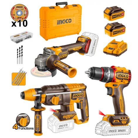 INGCO PACK 20 V. AMOLADORA 115 1000W +TALADRO PERCUTOR+MARTILLO COMBINADO+2 BATERIA 4.0 AH+CARGADOR+10 DISCOS+JUEGO BROCAS