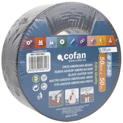 COFAN cinta americana negra 190 micras 50 mm x 50 m , Cinta americana de color negro, autoadhesiva y reforzada con una malla de fibra y recubierta de polietileno. Este producto es