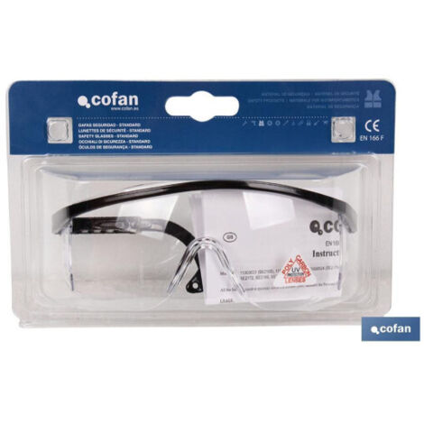 COFAN GAFA PATILLA REGULABLE NEGRA DISEÑO TRANSPARENTE  ANTIIMPACTO LIGERA ANTIRAYADURAS UNE-EN 166F.