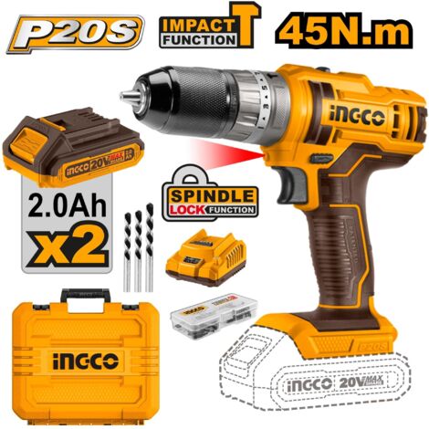 INGCO TALADRO ATORNILLADOR 20V.2 BATERIAS 2 Ah+CARGADOR+BOX PERCUTOR CIDLI200215