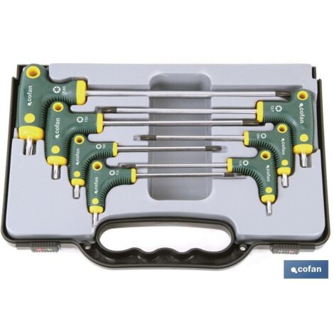 COFAN set destornillador t 7 pcs torx , Juego en maletín de 7 destornilladores de Allen en mango ergonómico de color verde con forma de T con doble punta de Allen. Medidas desde 10