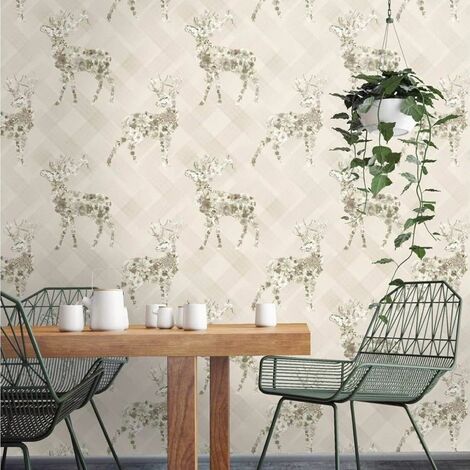 Beige Floral Elk Wallpaper Majestic Stag Motifs Subtle Flowers Check TartanPrint (1/4)