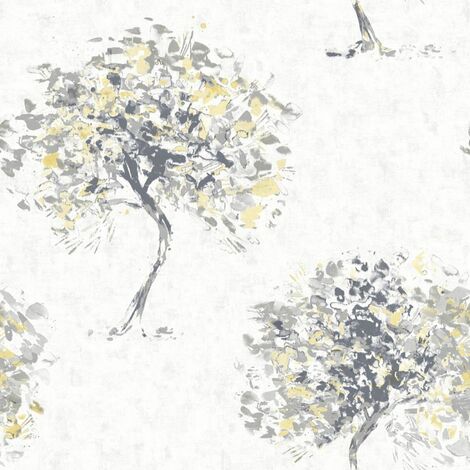 Grey Yellow Tree Wallpaper Hand Painted Effect Metallic Shimmer Beacon Fell (1/3)