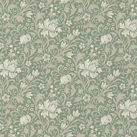 Sage Green Floral Wallpaper Light Blue Leafs Beige Flowers Smooth Matte Grandeco