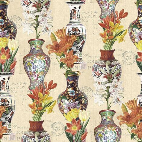 Cream Silver Wallpaper Funky Oriental Vases Flowers Metallic Stamps Holden Chic