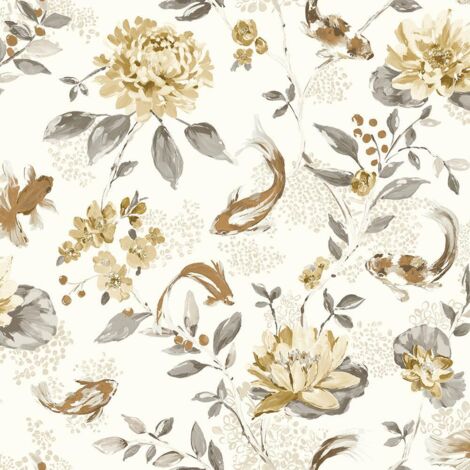 White Beige Floral Wallpaper Koi Carp Fish Water Lilies Metallic Paste The Wall