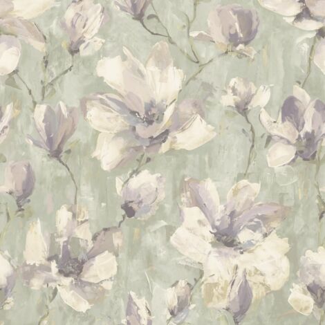 Sage Green Floral Wallpaper Grey Ivory Magnolia Flower Textured High Quality (1/3)