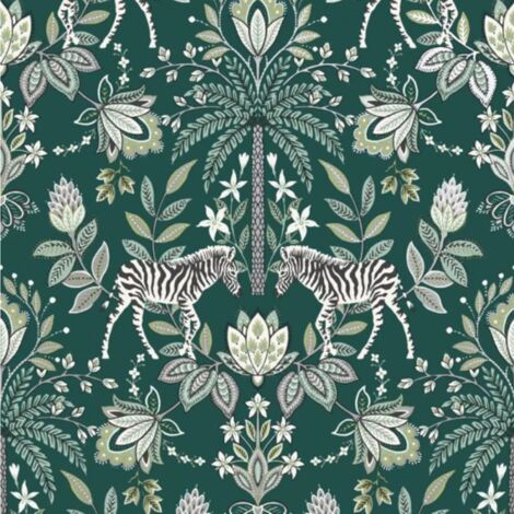 Green Animal Print Wallpaper Silver Metallic Shimmer Floral Zebra Palm Trees