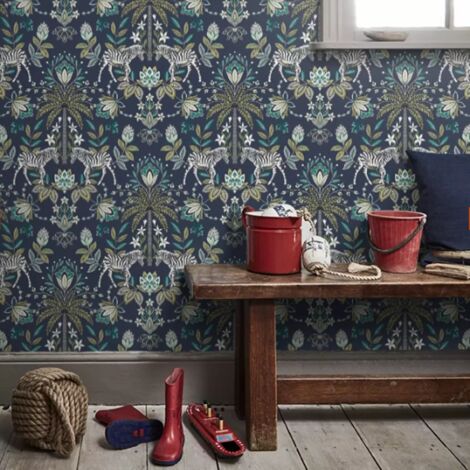 Navy Animal Print Wallpaper Blue Silver Metallic Shimmer Floral Zebra ...