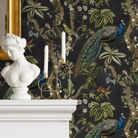 Taupe Peacock Woods Wallpaper Pink White Floral Design Mulit Birds Feature Wall