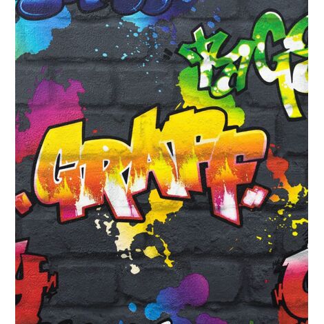 BLACK GRAFFITI BRICK WALL EFFECT FEATURE TEENAGE KIDS WALLPAPER 237801 RASCH NEW (1/4)