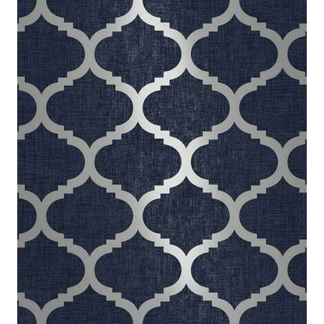Navy Blue Metallic Silver Geometric Trellis Textured Feature Wallpaper[FULL ROLL - Navy Silver Trellis M24201]