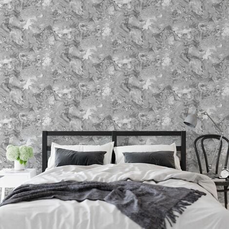 Marble Elixir Metallic Ripple Liquid Swirl Effect Grey Silver Shimmer Wallpaper[FULL ROLL - Grey Silver Marble Effect WD0040]