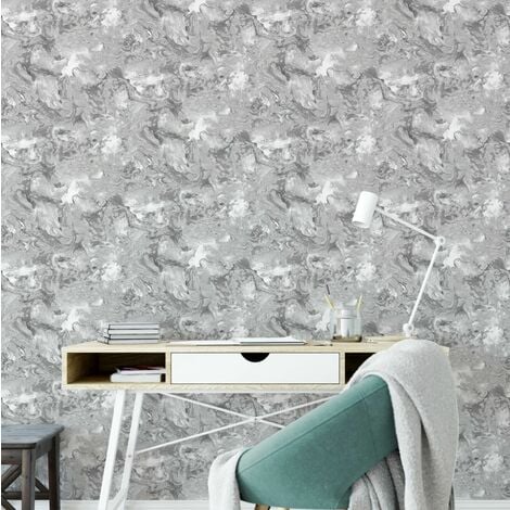 Marble Elixir Metallic Ripple Liquid Swirl Effect Grey Silver Shimmer Wallpaper[FULL ROLL - Grey Silver Marble Effect WD0040]