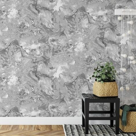 Marble Elixir Metallic Ripple Liquid Swirl Effect Grey Silver Shimmer Wallpaper[FULL ROLL - Grey Silver Marble Effect WD0040]