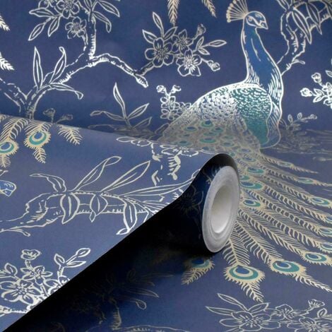 Rasch Portfolio Peacock Feathers Bird Feature Navy Blue Metallic Gold Wallpaper