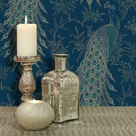 Rasch Portfolio Peacock Feathers Bird Feature Navy Blue Metallic Gold Wallpaper