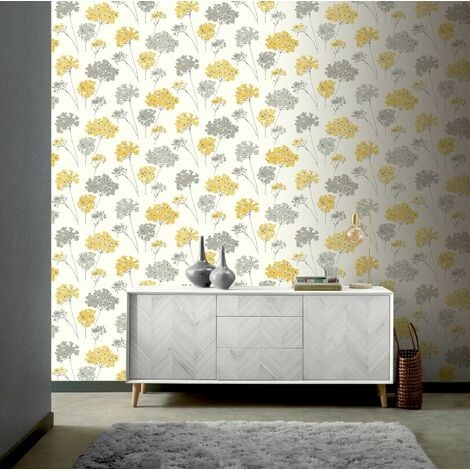 Olivia Floral Metallic Glitter wallpaper in mustard  I Love Wallpaper