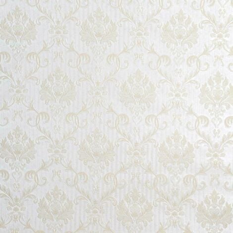 Traditional Holden Emily Floral Damask Stripe Metallic Cream Textured Wallpaper - Cream