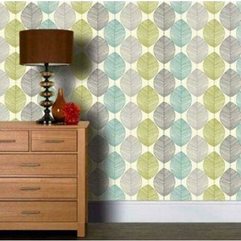 Arthouse Retro Leaf Teal Lime Green Taupe Feature Wallpaper 408207