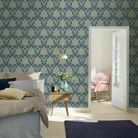 Rasch Highgrove Navy Metallic Gold Floral Damask Feature Wallpaper 274997