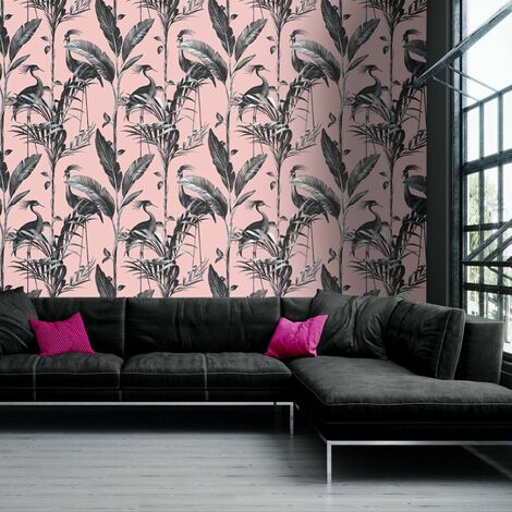 Belgravia Azzura Leaf Blush Pink Metallic Silver Tropical Birds Leaf Wallpaper