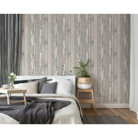 Rustic Distressed Elm Wood Plank Effect Light Pink Grey Realistic Wallpaper